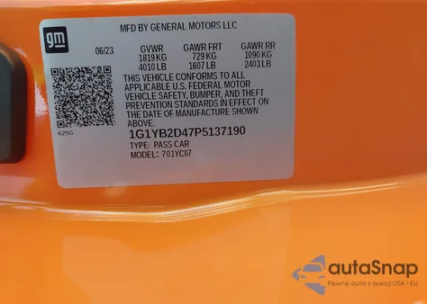 2023 Chevrolet Corvette Stingray Rwd 2Lt из США, поврежденный, VIN 1G1YB2D47P5137190